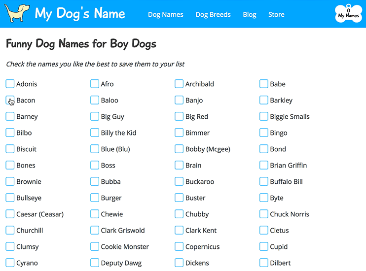 my dogs name results page